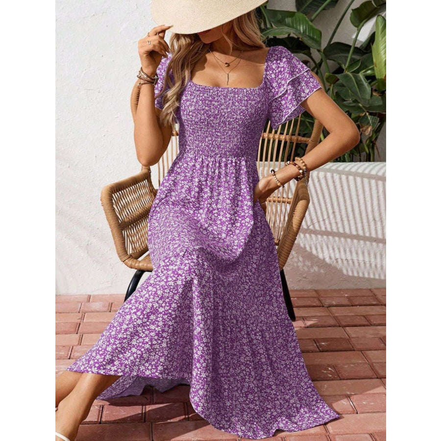 Floral Print Smocked Ruffle Sleeves Dress Apparel and Accessories