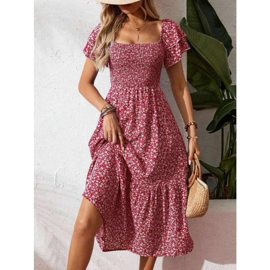 Floral Print Smocked Ruffle Sleeves Dress Apparel and Accessories