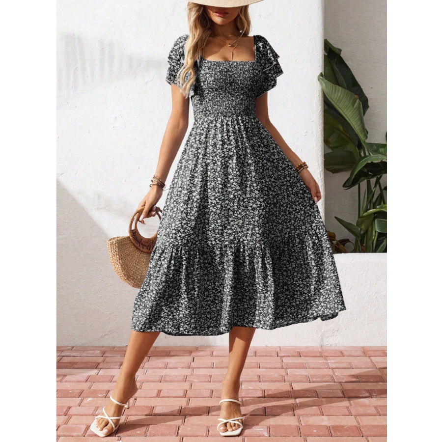 Floral Print Smocked Ruffle Sleeves Dress Apparel and Accessories