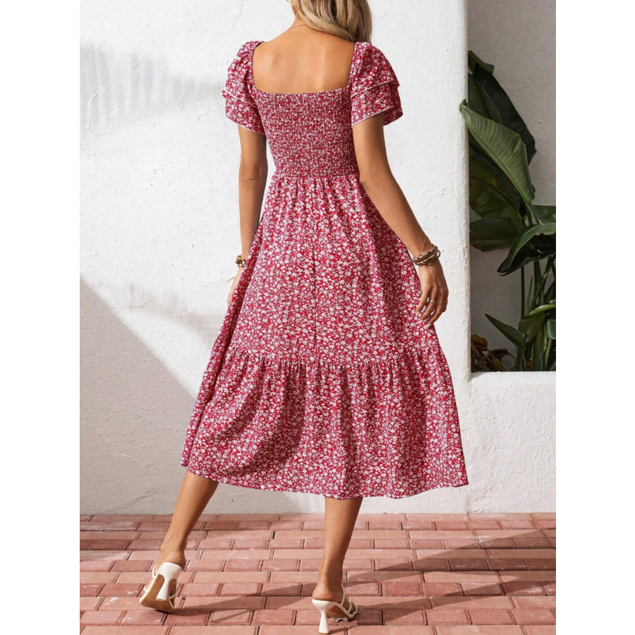 Floral Print Smocked Ruffle Sleeves Dress Apparel and Accessories