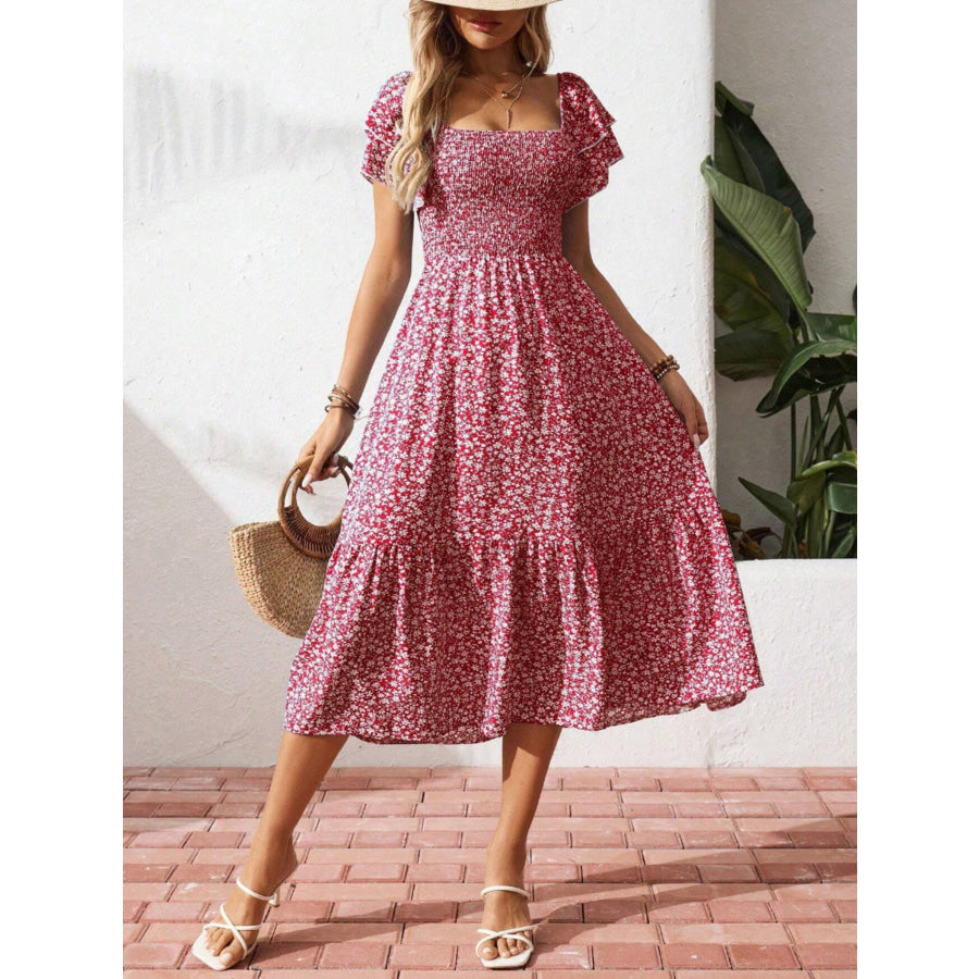 Floral Print Smocked Ruffle Sleeves Dress Apparel and Accessories