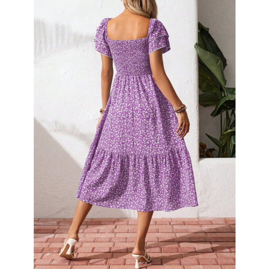 Floral Print Smocked Ruffle Sleeves Dress Apparel and Accessories