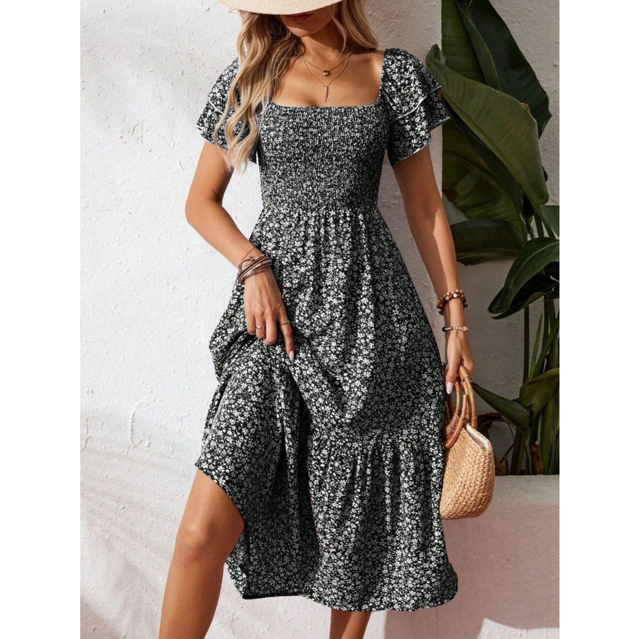 Floral Print Smocked Ruffle Sleeves Dress Apparel and Accessories