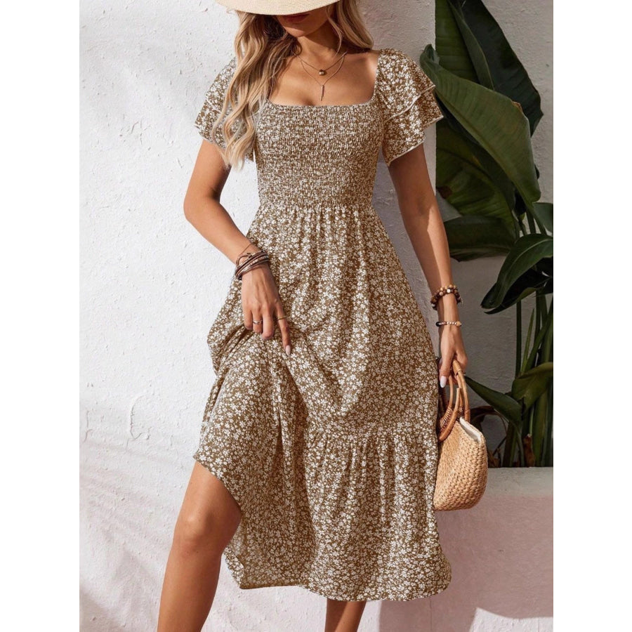 Floral Print Smocked Ruffle Sleeves Dress Apparel and Accessories