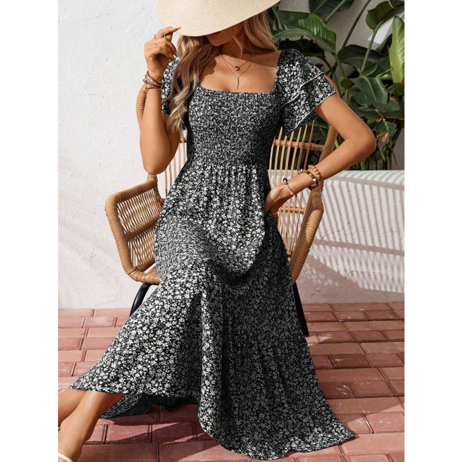 Floral Print Smocked Ruffle Sleeves Dress Black / S Apparel and Accessories