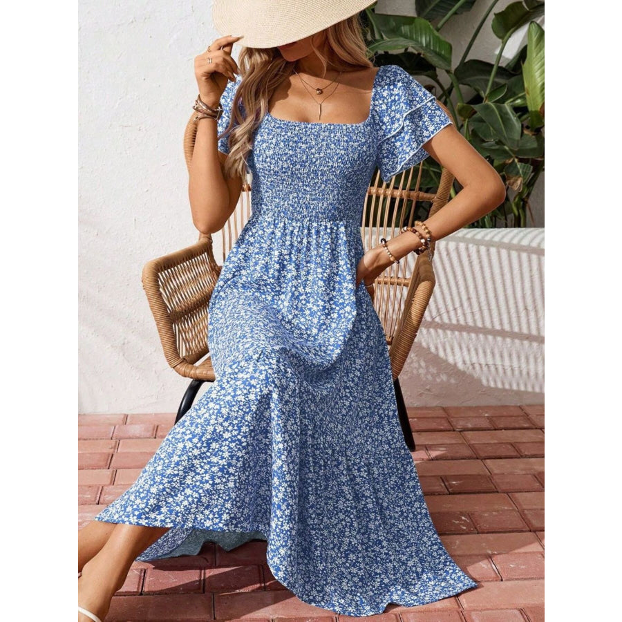 Floral Print Smocked Ruffle Sleeves Dress Blue / S Apparel and Accessories