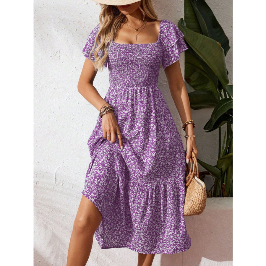 Floral Print Smocked Ruffle Sleeves Dress Purple / S Apparel and Accessories