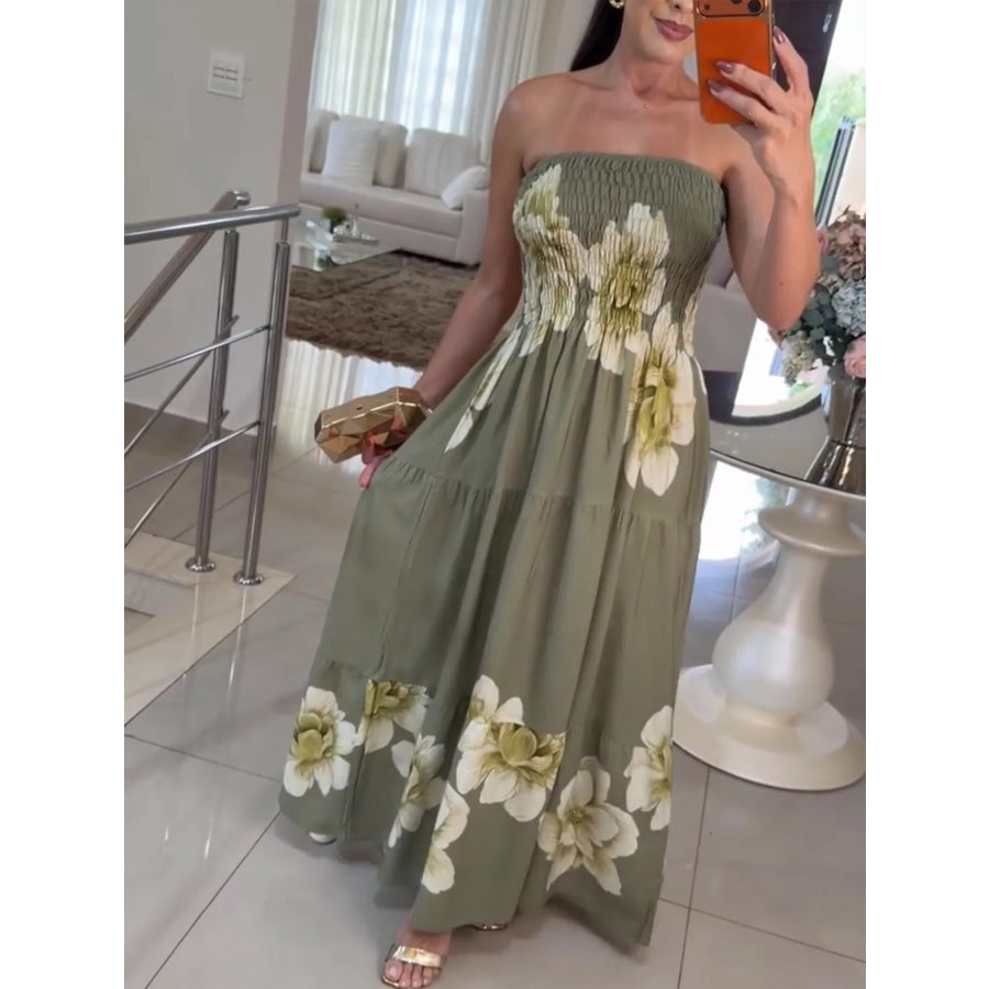 Floral Print Smocked Tube Maxi Dress Green / S Apparel and Accessories