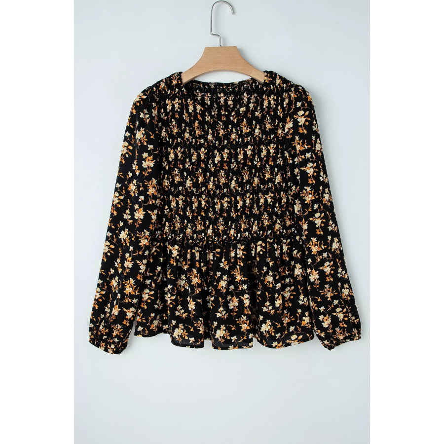 Floral Print Smocked Waist Long Sleeve Blouse Apparel and Accessories