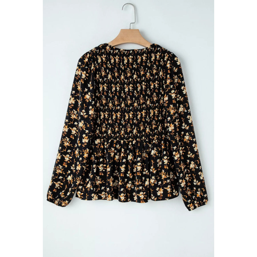 Floral Print Smocked Waist Long Sleeve Blouse Apparel and Accessories