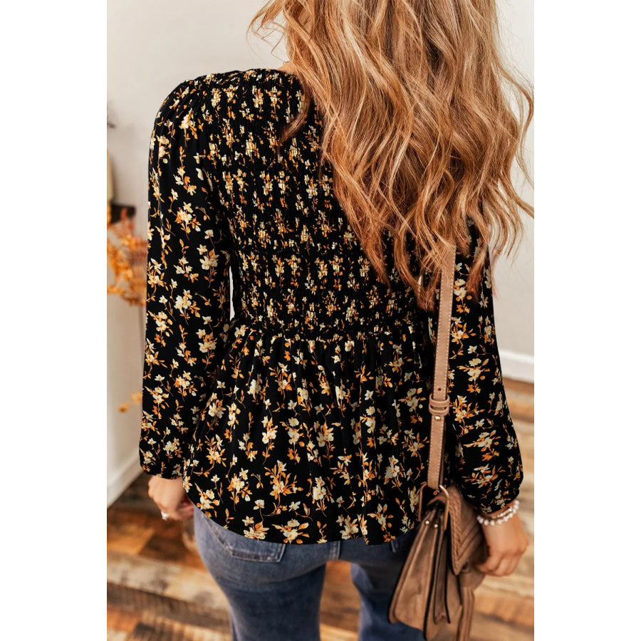 Floral Print Smocked Waist Long Sleeve Blouse Apparel and Accessories