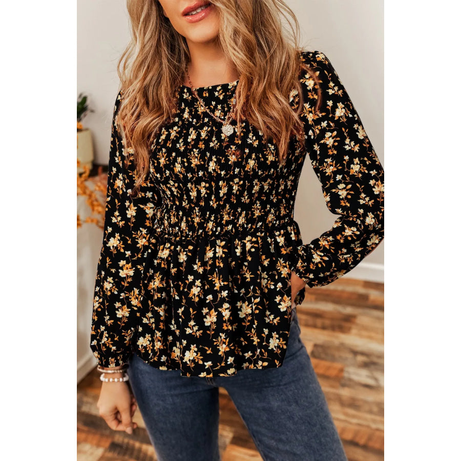 Floral Print Smocked Waist Long Sleeve Blouse Black / S Apparel and Accessories