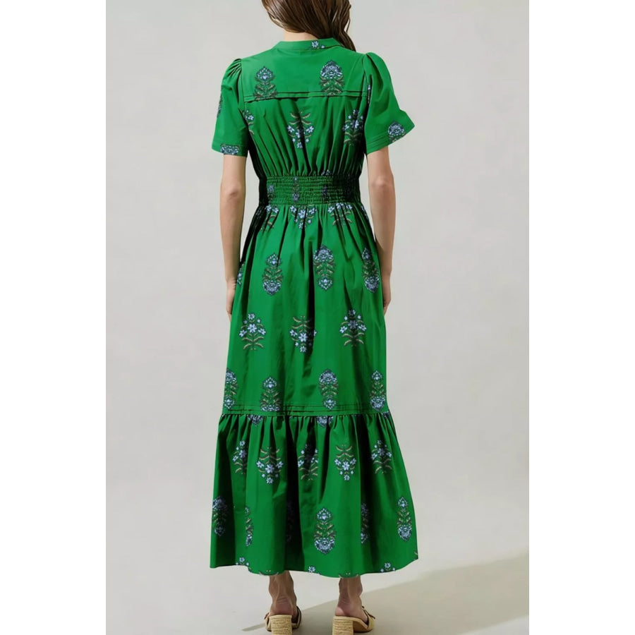 Floral Print Smocked Waist Maxi Dress Apparel and Accessories