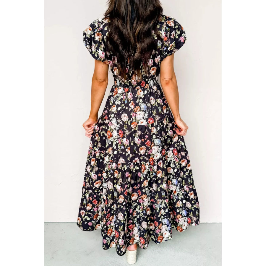 Floral Print Smocked Waist Maxi Dress Apparel and Accessories