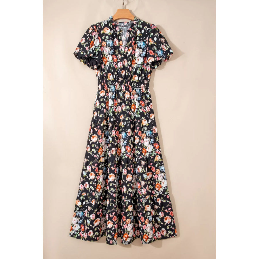 Floral Print Smocked Waist Maxi Dress Apparel and Accessories