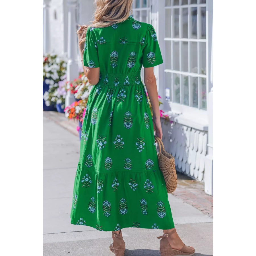 Floral Print Smocked Waist Maxi Dress Apparel and Accessories