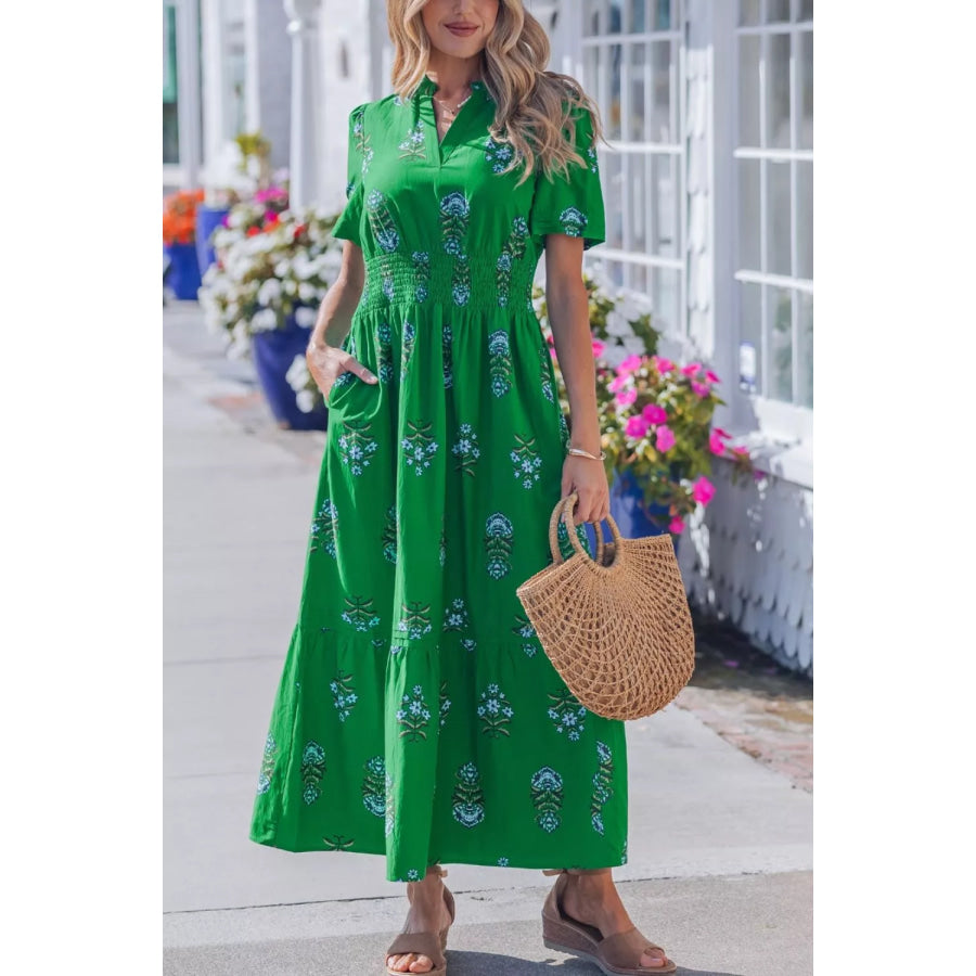 Floral Print Smocked Waist Maxi Dress Dark Green / S Apparel and Accessories