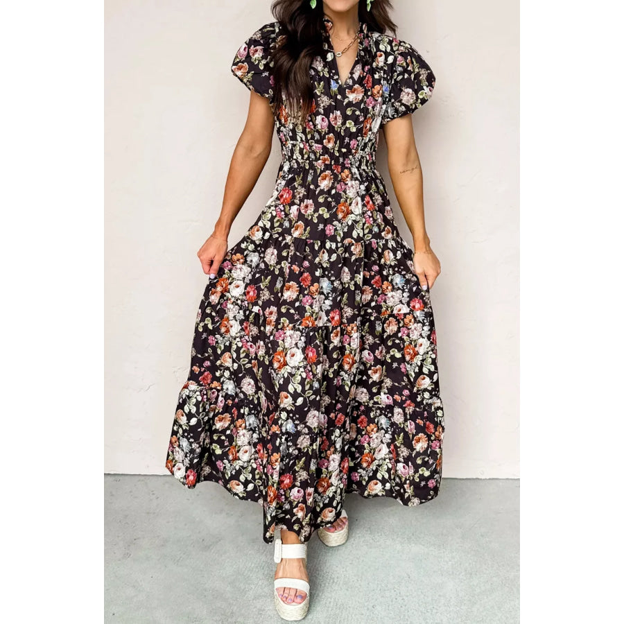 Floral Print Smocked Waist Maxi Dress Floral / S Apparel and Accessories