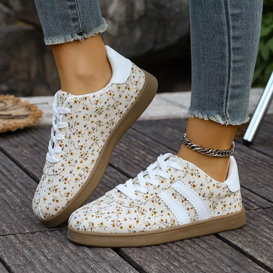 Floral Print Sneakers with Side Stripes Yellow Flower / 35 Apparel and Accessories