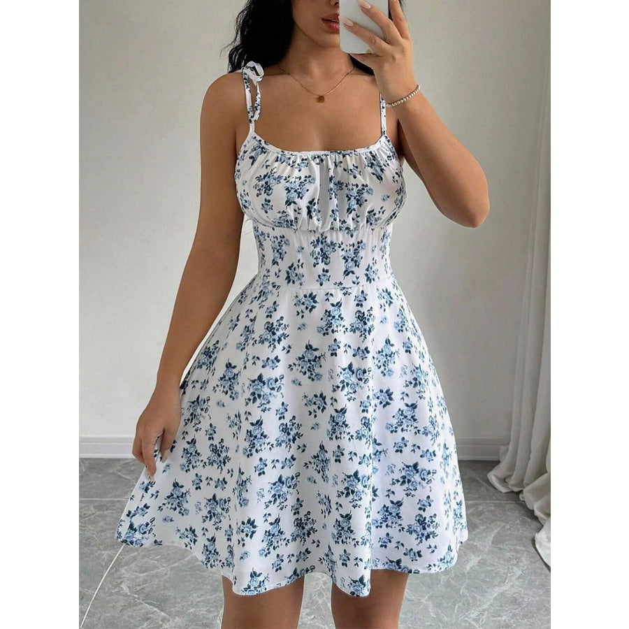 Floral Print Spaghetti Strap A-Line Mini Dress White / S Apparel and Accessories