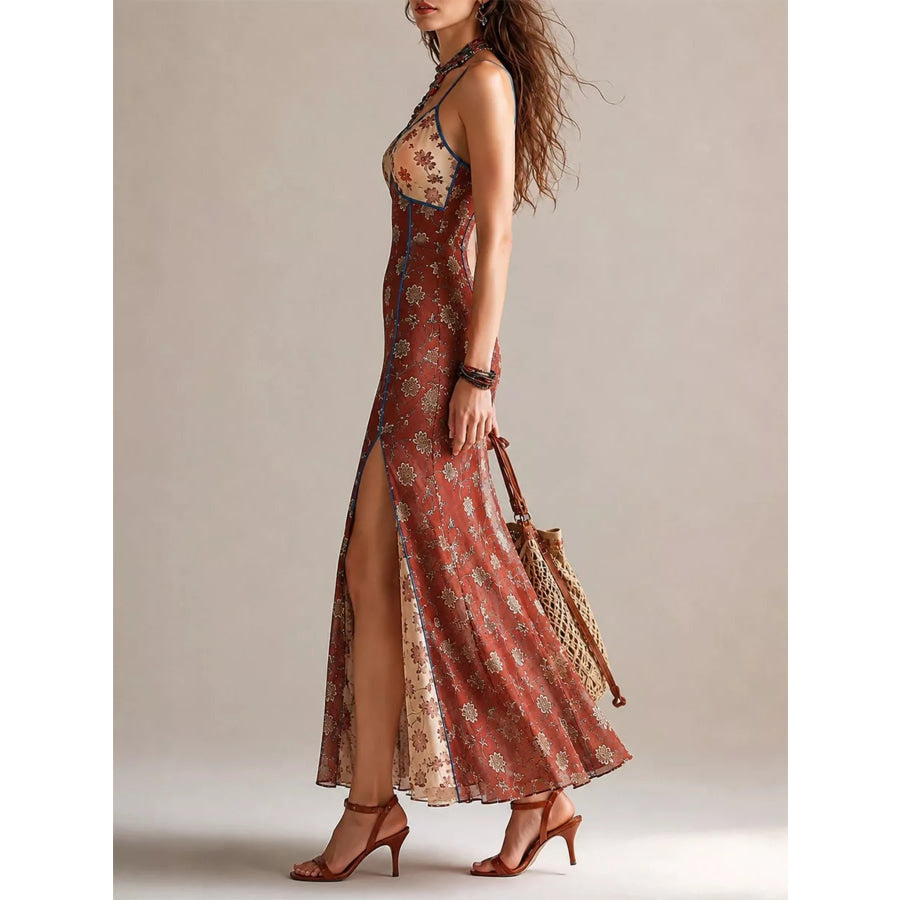 Floral Print Spaghetti Strap Maxi Dress with High Slit Apparel and Accessories