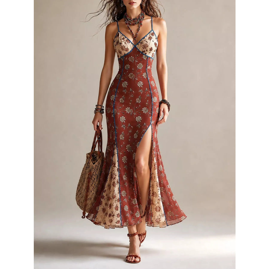 Floral Print Spaghetti Strap Maxi Dress with High Slit Rust / S Apparel and Accessories