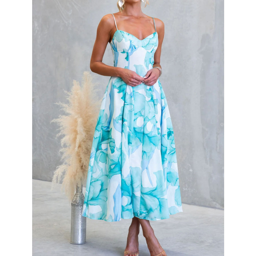 Floral Print Spaghetti Strap Midi Dress Apparel and Accessories