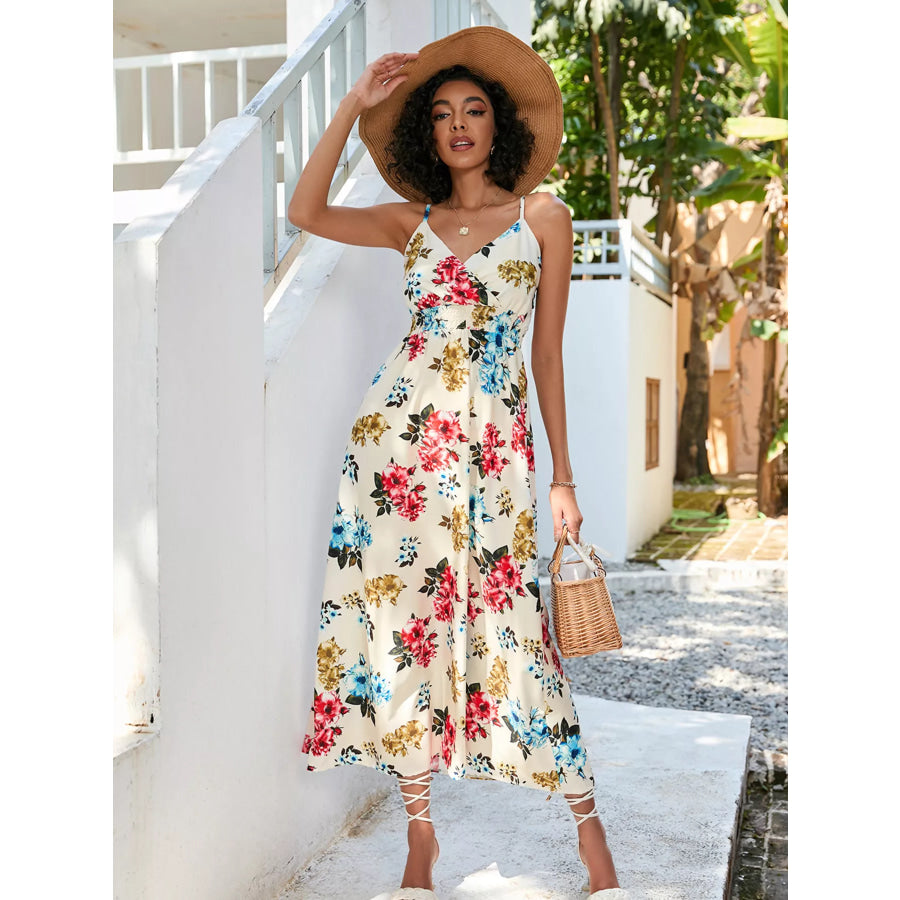 Floral Print Spaghetti Strap Midi Dress Apparel and Accessories