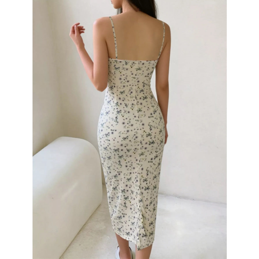 Floral Print Spaghetti Strap Midi Dress Beige / S Apparel and Accessories