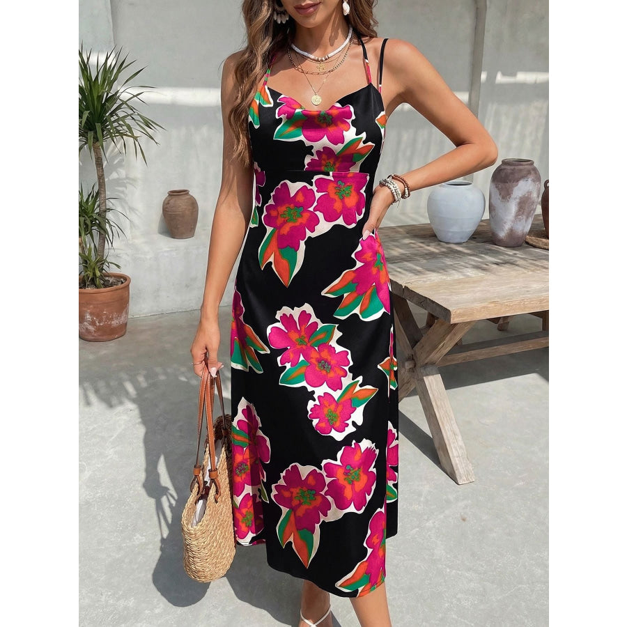 Floral Print Spaghetti Strap Midi Dress Black / S Apparel and Accessories