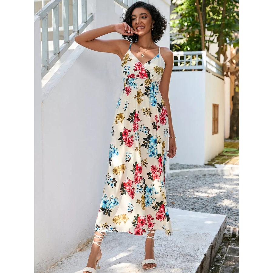 Floral Print Spaghetti Strap Midi Dress Apparel and Accessories