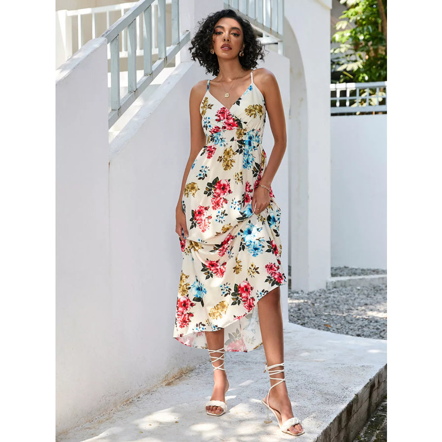 Floral Print Spaghetti Strap Midi Dress Apparel and Accessories