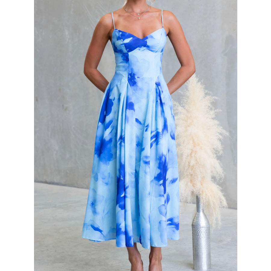 Floral Print Spaghetti Strap Midi Dress Apparel and Accessories