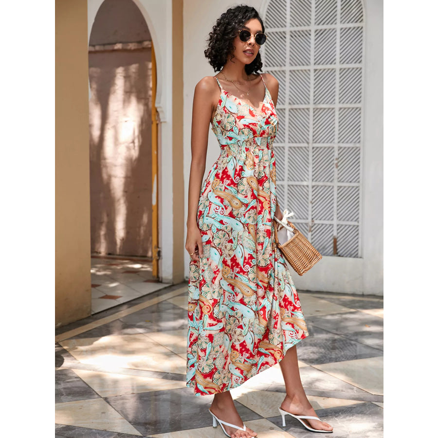 Floral Print Spaghetti Strap Midi Dress Apparel and Accessories