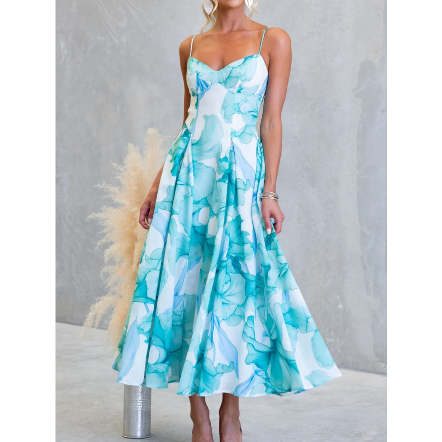 Floral Print Spaghetti Strap Midi Dress Apparel and Accessories
