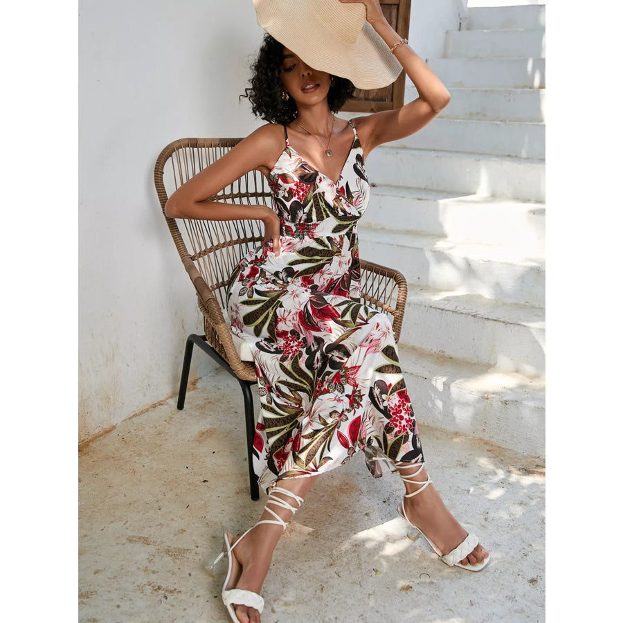 Floral Print Spaghetti Strap Midi Dress Army Green / S Apparel and Accessories