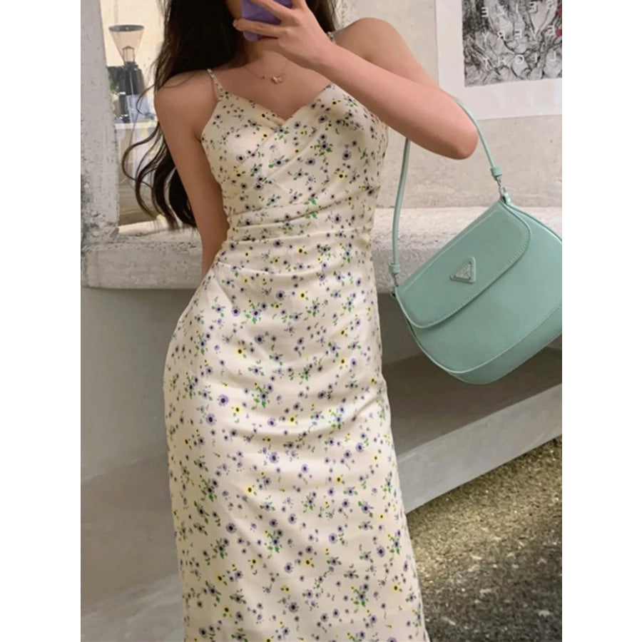 Floral Print Spaghetti Strap Midi Dress Beige / S Apparel and Accessories