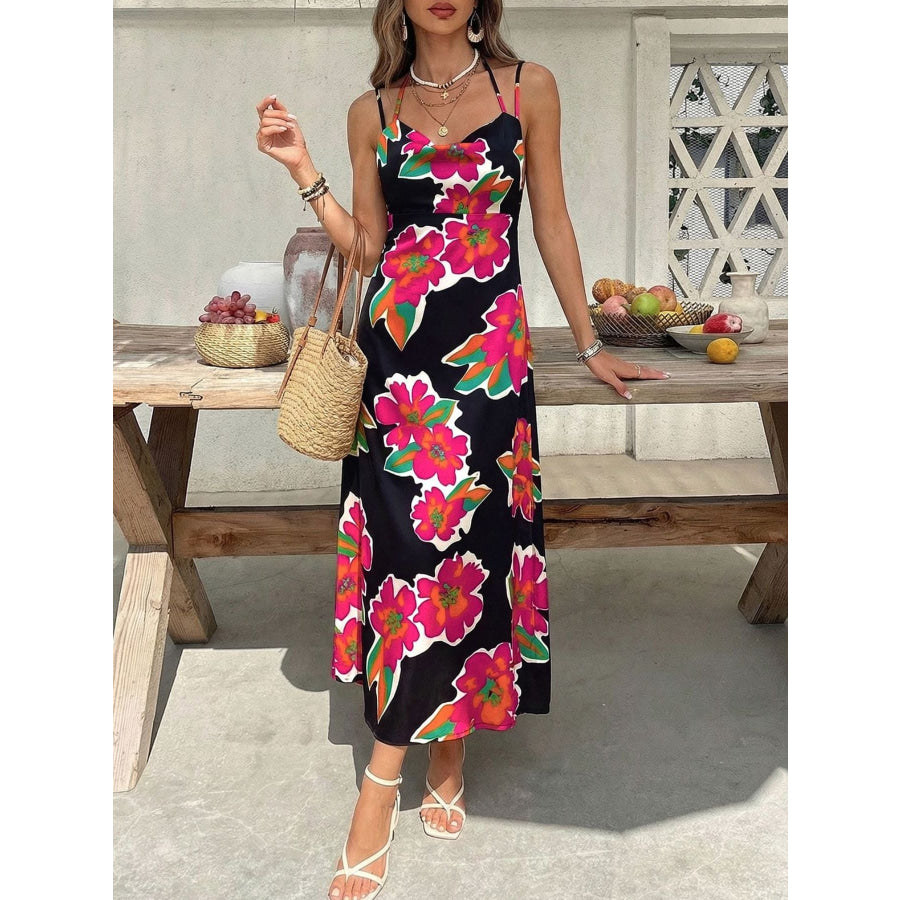 Floral Print Spaghetti Strap Midi Dress Black / S Apparel and Accessories
