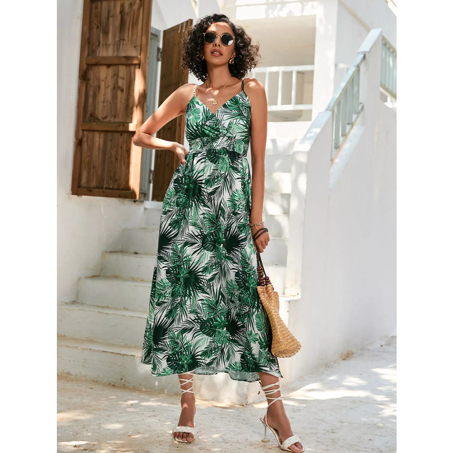 Floral Print Spaghetti Strap Midi Dress Dark Green / S Apparel and Accessories