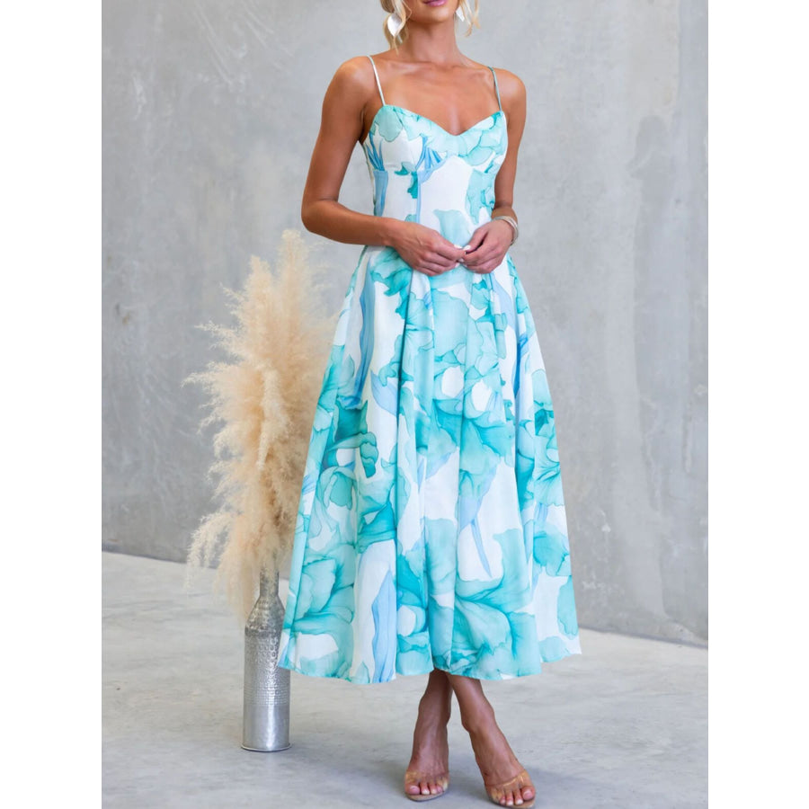 Floral Print Spaghetti Strap Midi Dress Green / S Apparel and Accessories