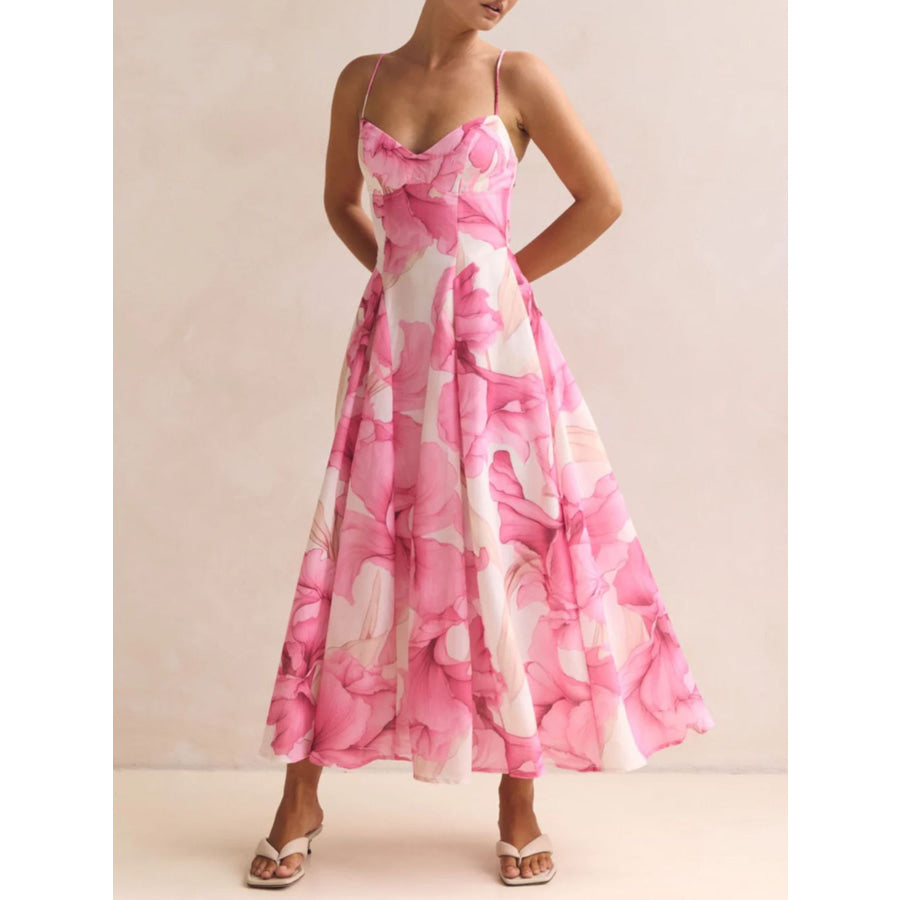 Floral Print Spaghetti Strap Midi Dress Pink / S Apparel and Accessories