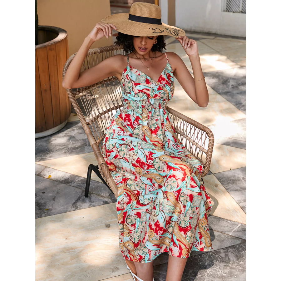 Floral Print Spaghetti Strap Midi Dress Scarlet / S Apparel and Accessories