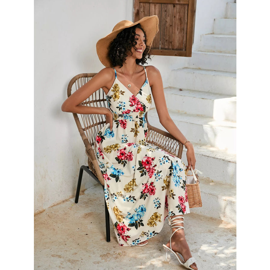 Floral Print Spaghetti Strap Midi Dress Sky Blue / S Apparel and Accessories