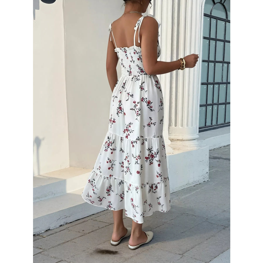 Floral Print Spaghetti Strap Tiered Midi Dress Apparel and Accessories