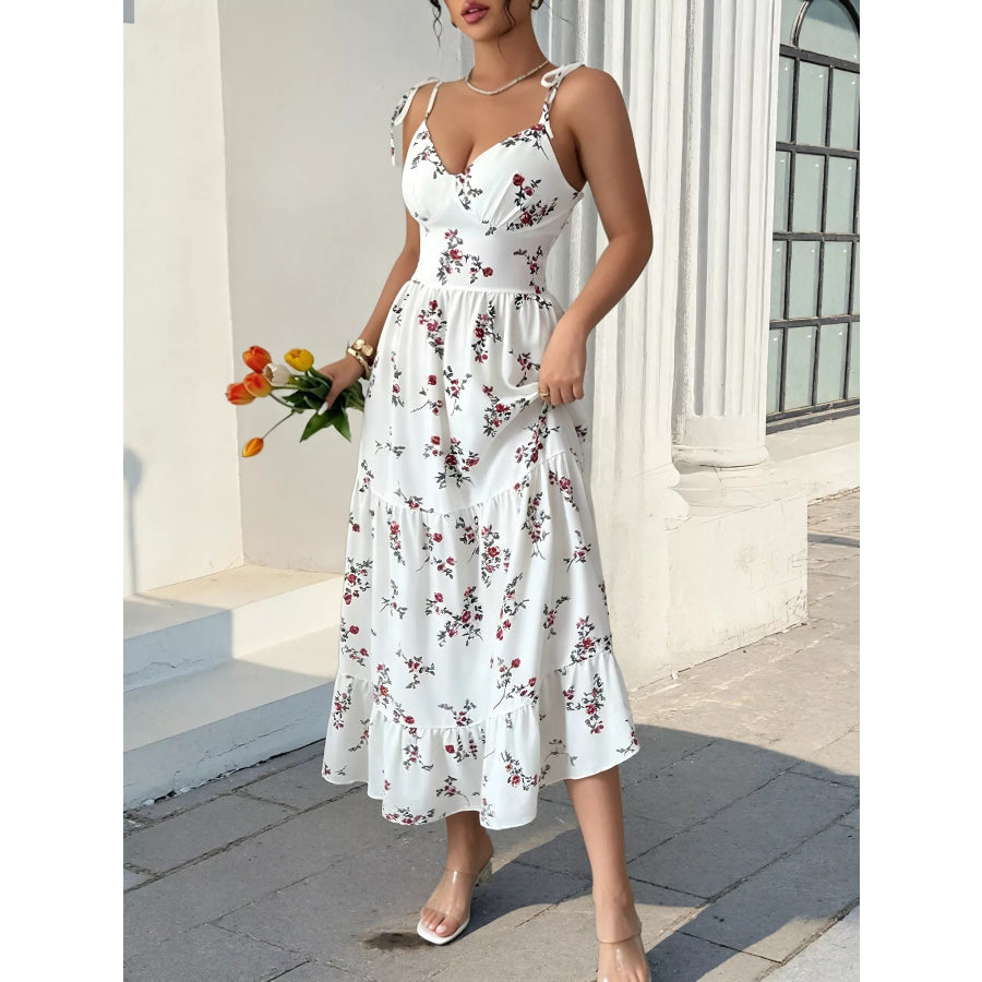 Floral Print Spaghetti Strap Tiered Midi Dress White / S Apparel and Accessories