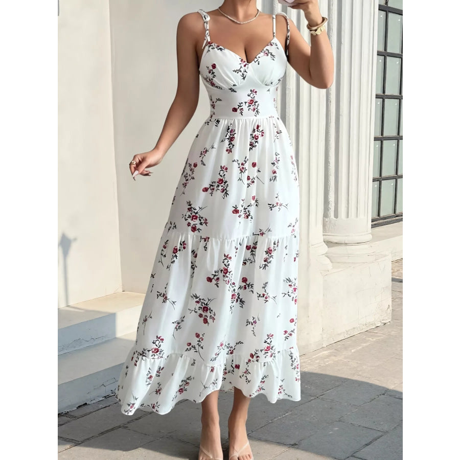Floral Print Spaghetti Strap Tiered Midi Dress White / S Apparel and Accessories