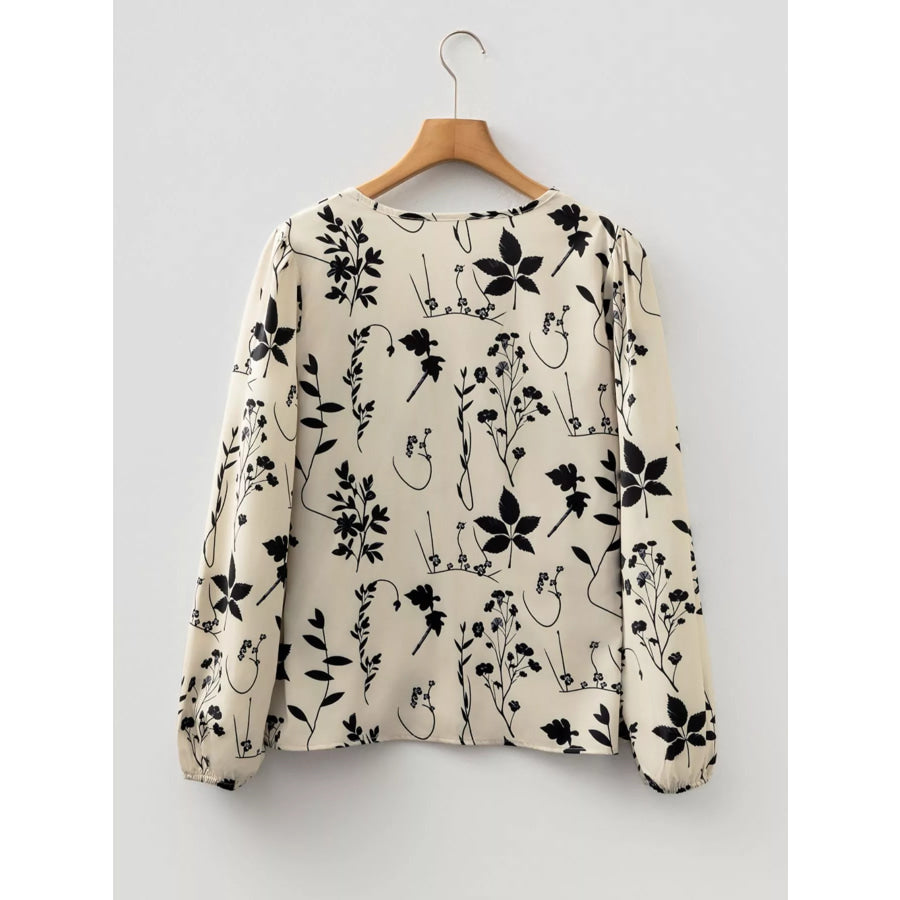 Floral Print Split Neck Long Sleeve Blouse Apparel and Accessories