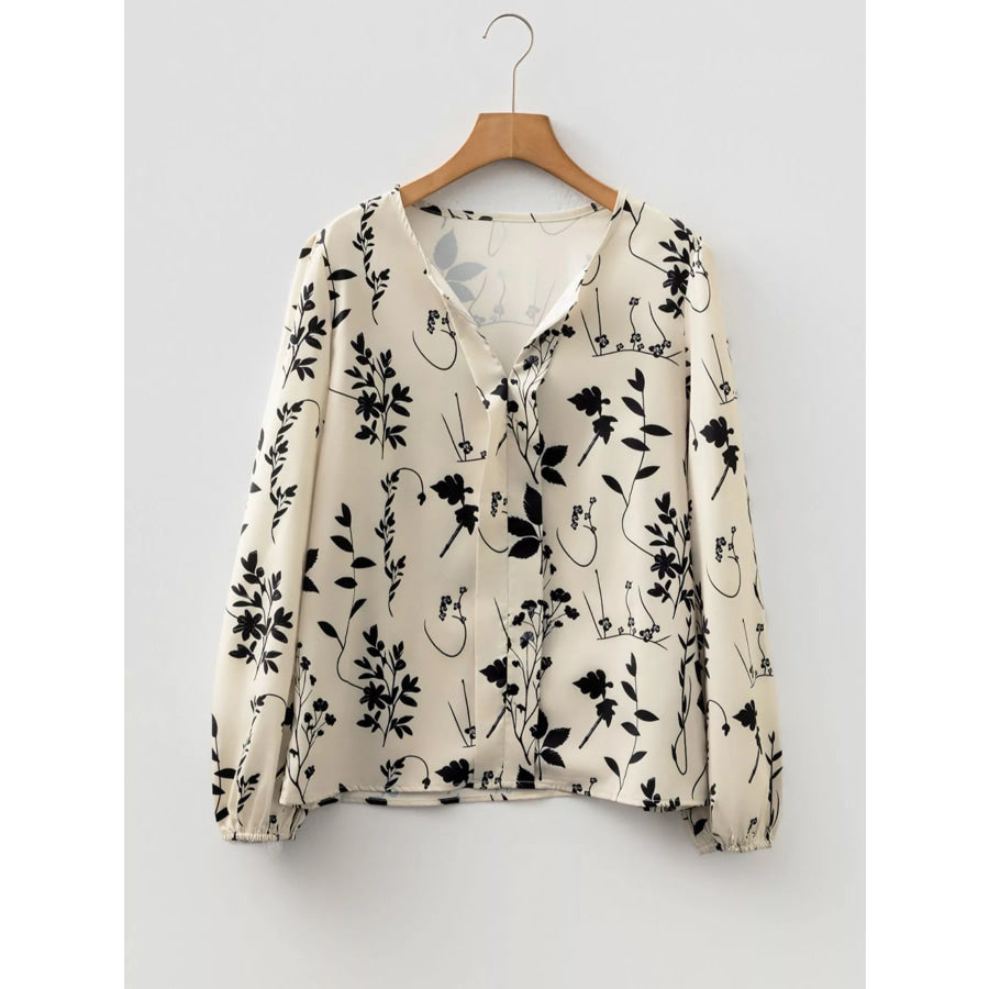 Floral Print Split Neck Long Sleeve Blouse Apparel and Accessories