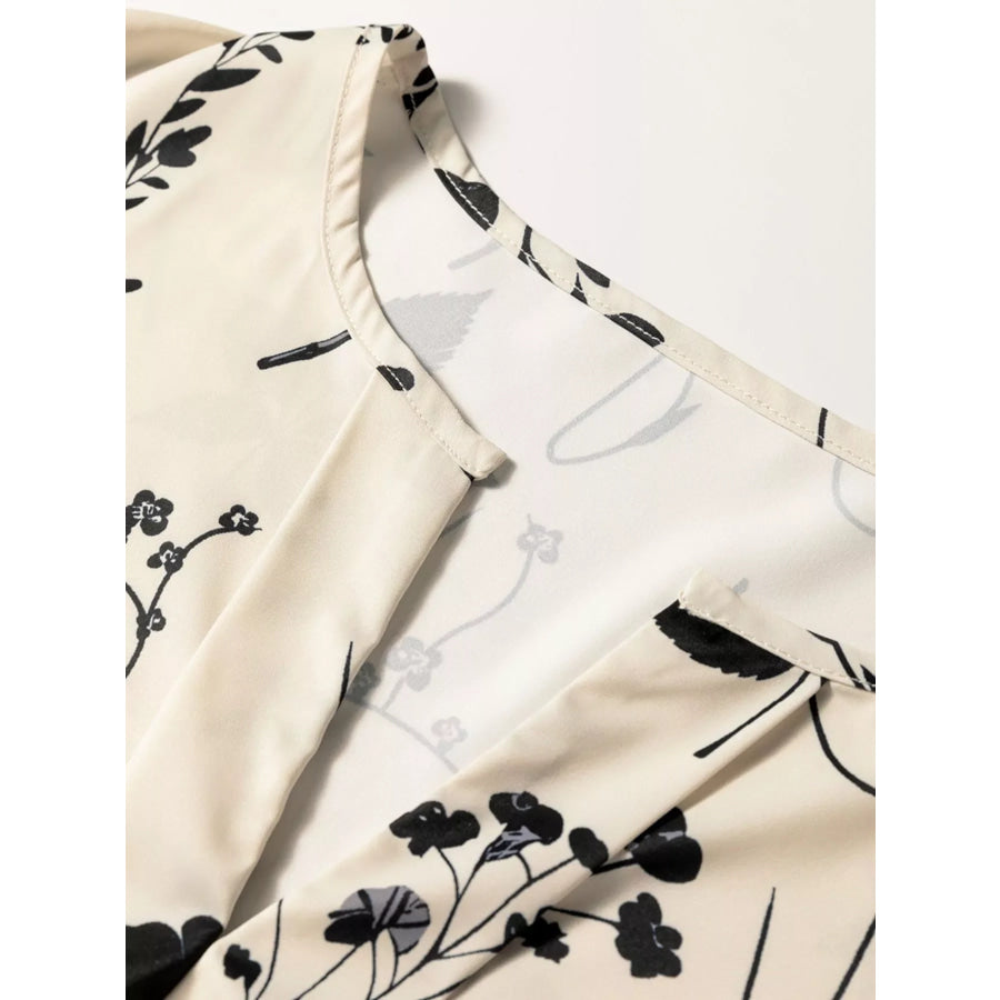Floral Print Split Neck Long Sleeve Blouse Apparel and Accessories