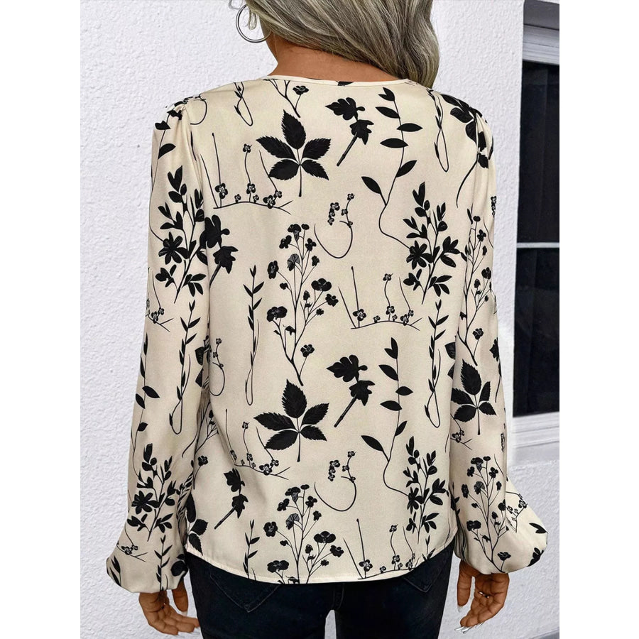 Floral Print Split Neck Long Sleeve Blouse Apparel and Accessories